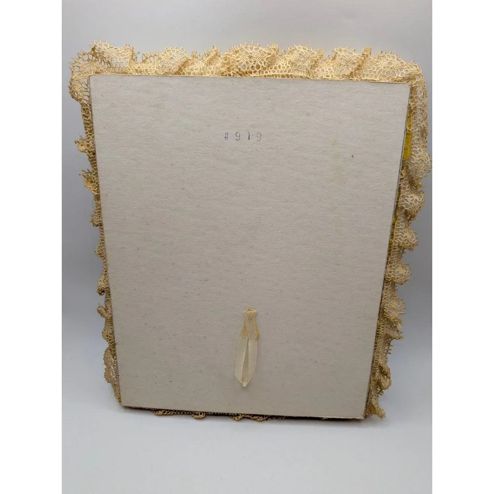 Vintage Grannycore Sateen Picture Frame Blue and Cream Floral Lace Handmade